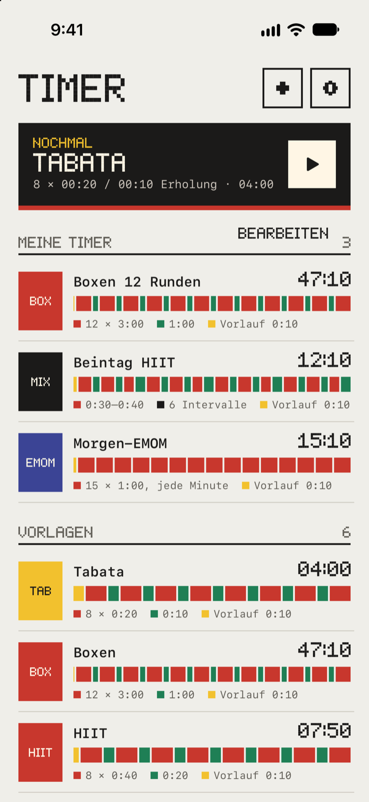 Die Timer-Bibliothek von Bitrounds: eine Nochmal-Karte und deine Timer, jeder mit farbiger Kachel und einem Streifen seiner Runden.