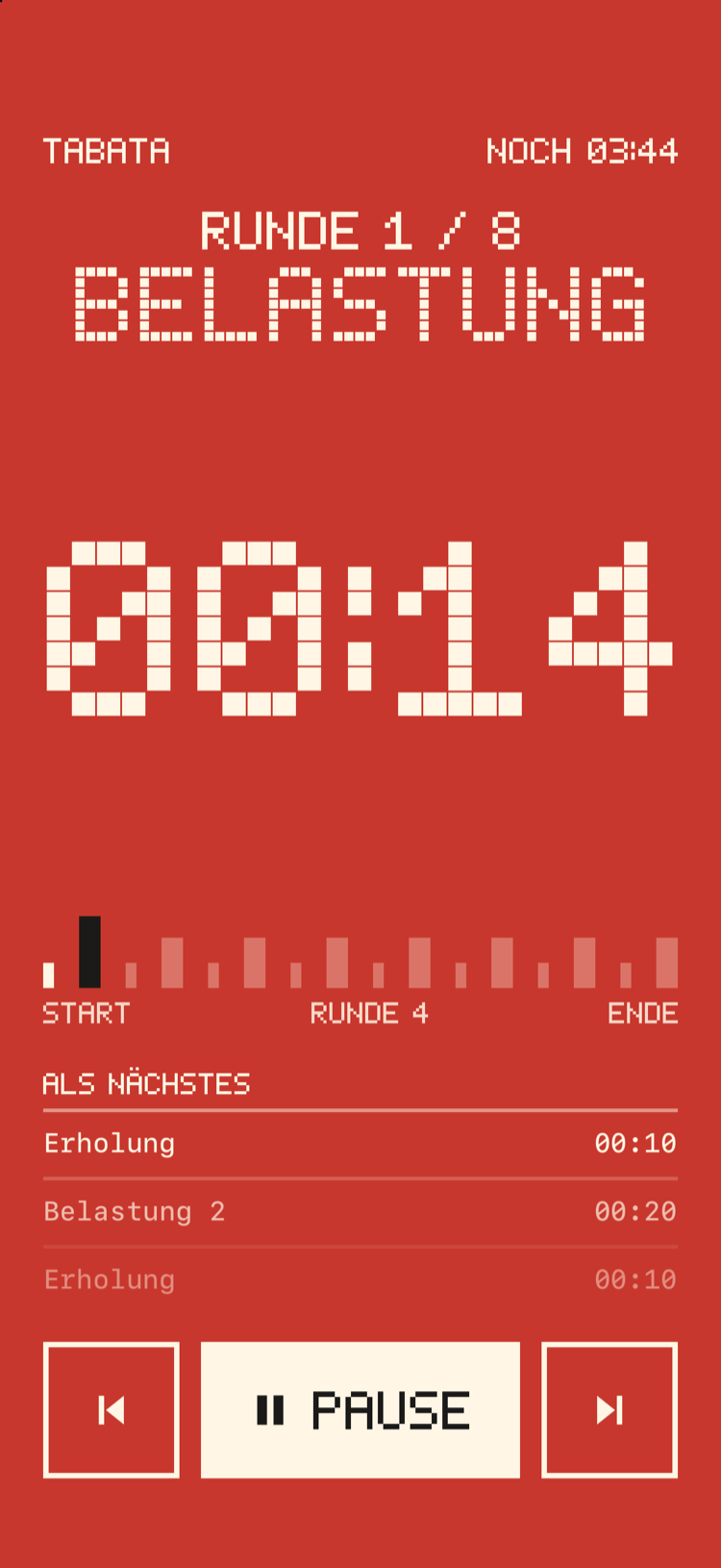 Ein Bitrounds-Trainingsbildschirm in Rot während einer Belastung, mit riesigem Pixel-Countdown.