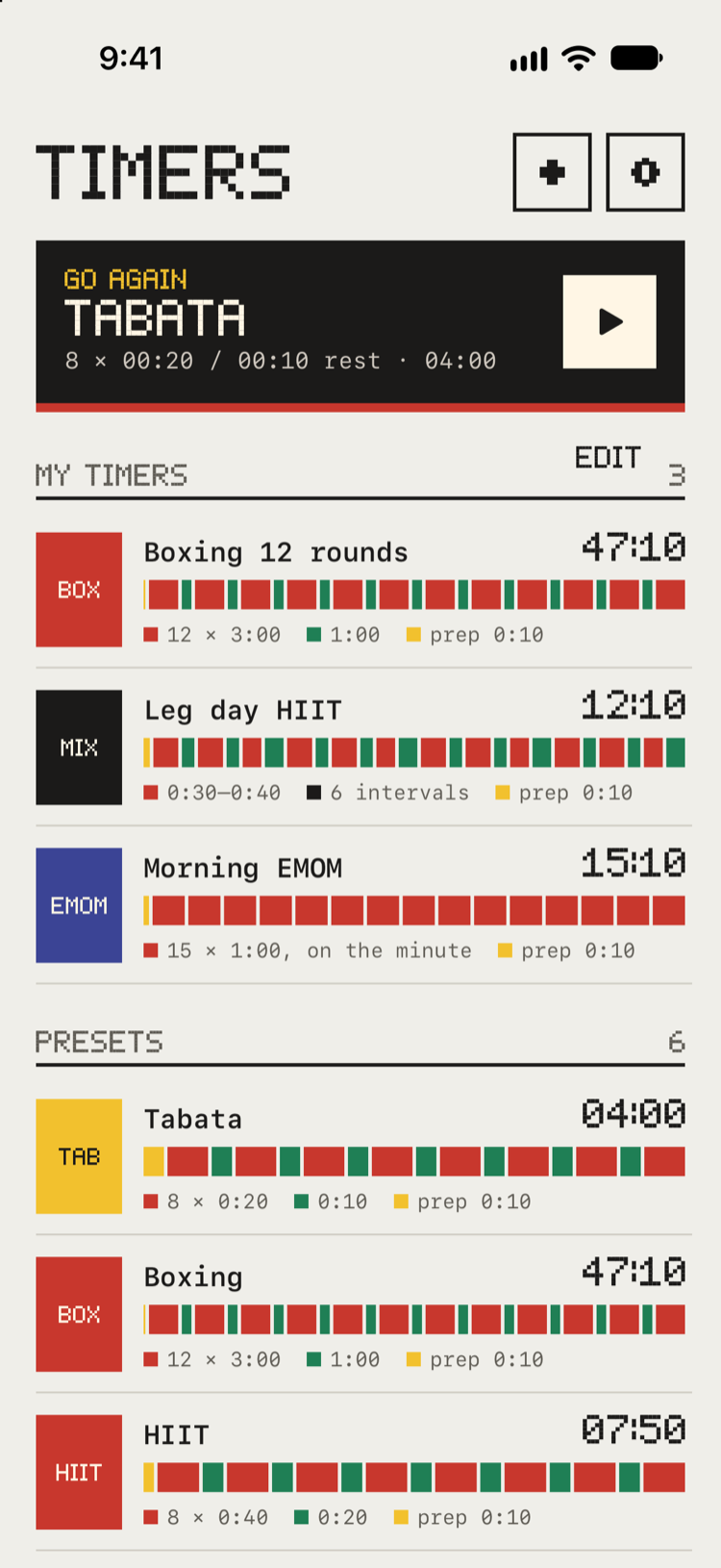 The Bitrounds timer library: a Go again card and your timers, each with a colored tile and a strip of its rounds.