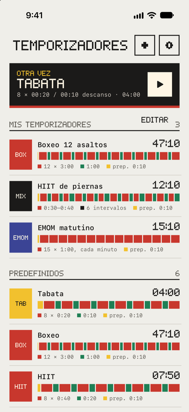 La biblioteca de temporizadores de Bitrounds: una tarjeta Otra vez y tus temporizadores, cada uno con su color y la franja de sus rondas.