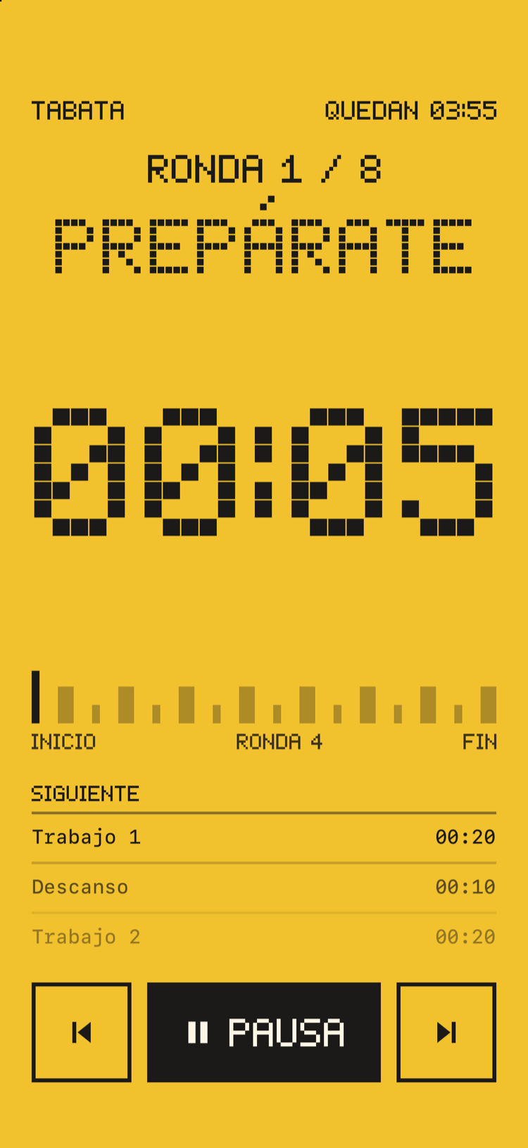 La pantalla de entrenamiento en amarillo, con la cuenta atrás antes de la primera ronda.