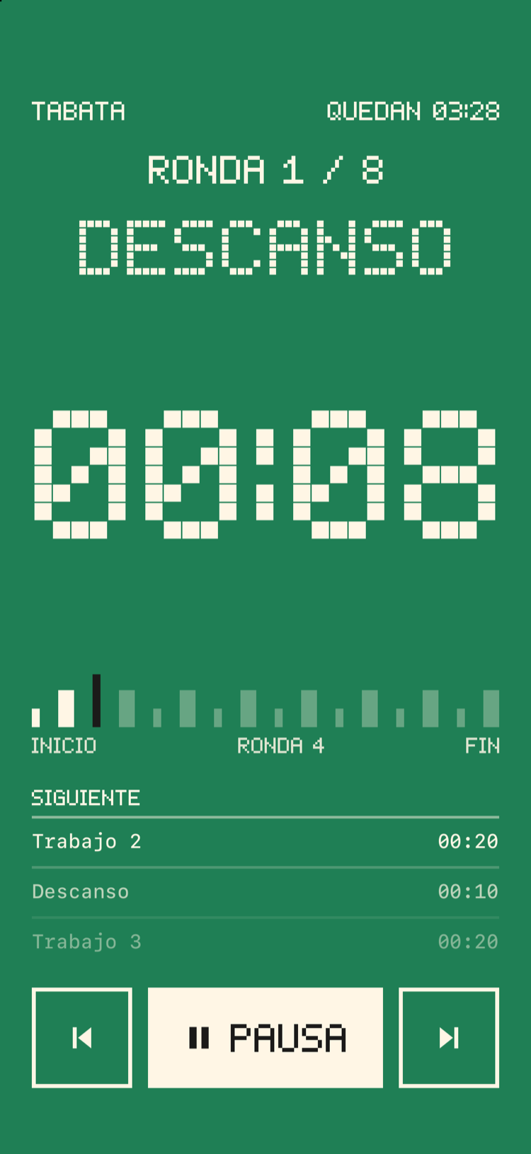 La pantalla de entrenamiento en verde durante el descanso, con lo que viene a continuación.