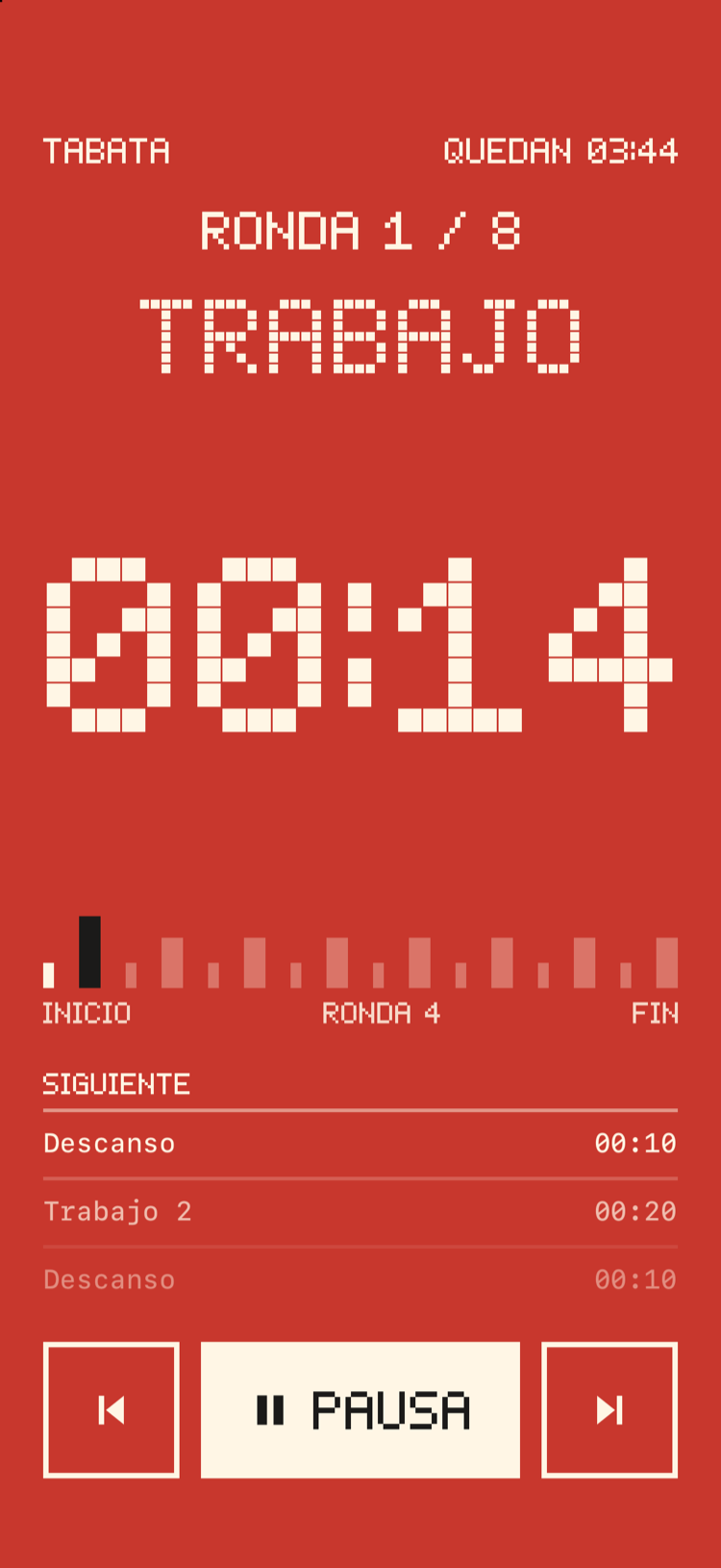 Una pantalla de entrenamiento de Bitrounds en rojo durante el trabajo, con una enorme cuenta atrás en píxeles.