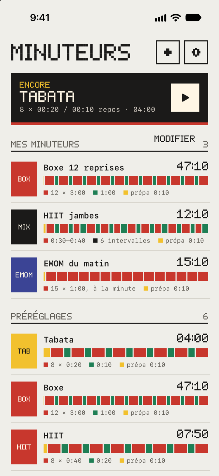 La bibliothèque de minuteurs Bitrounds : une carte Encore et vos minuteurs, chacun avec sa tuile de couleur et la bande de ses tours.