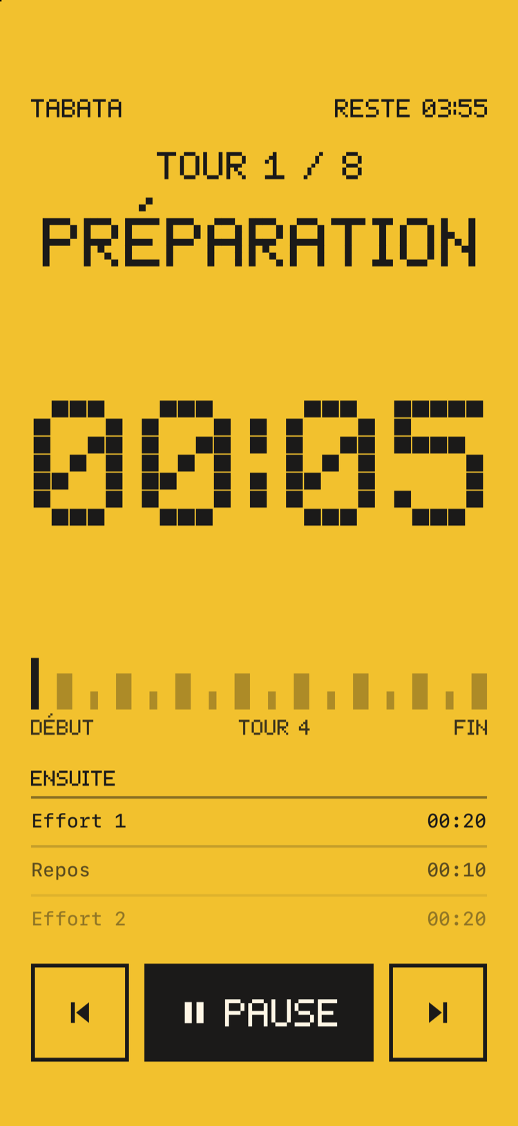L'écran d'entraînement en jaune, avec le compte à rebours avant le premier tour.