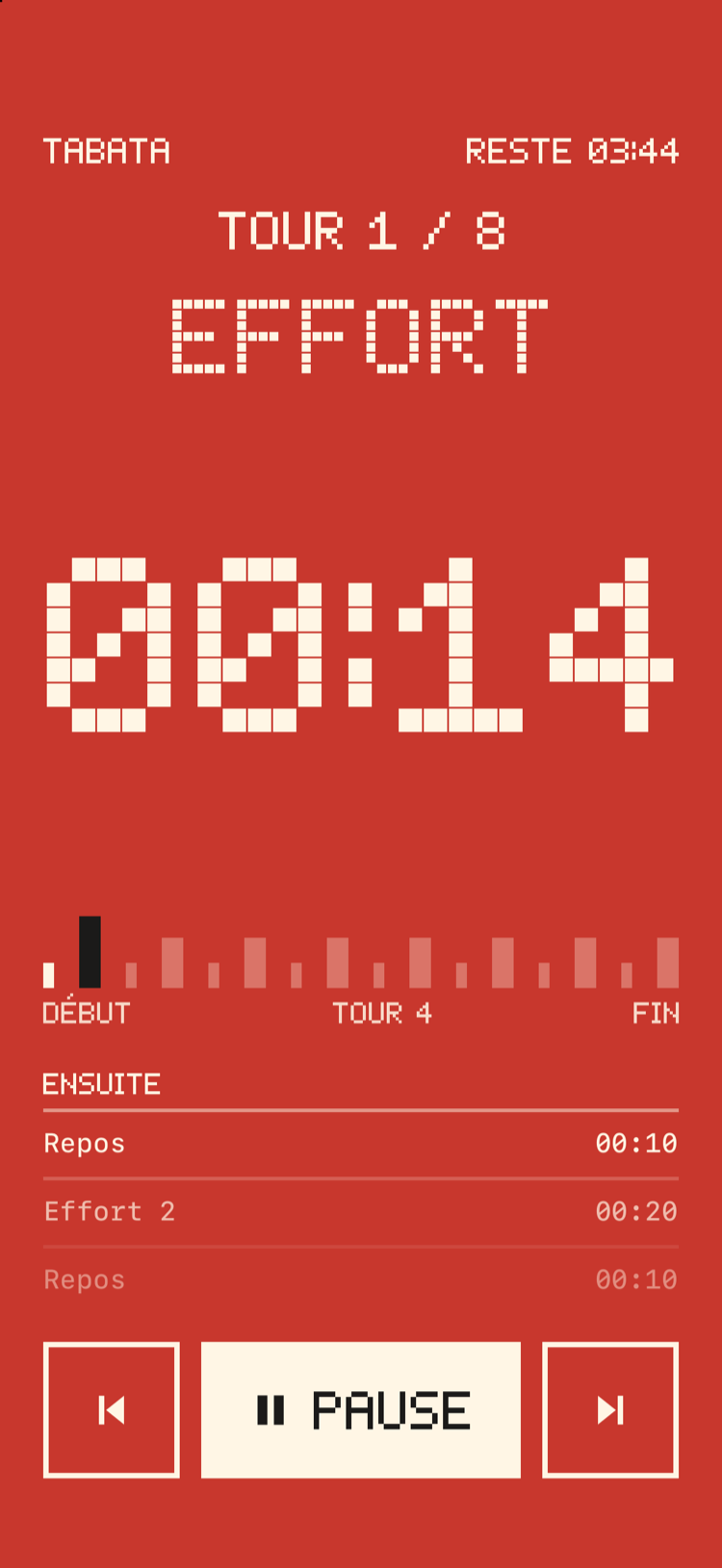 Un écran d'entraînement Bitrounds en rouge pendant un effort, avec un énorme compte à rebours en pixels.