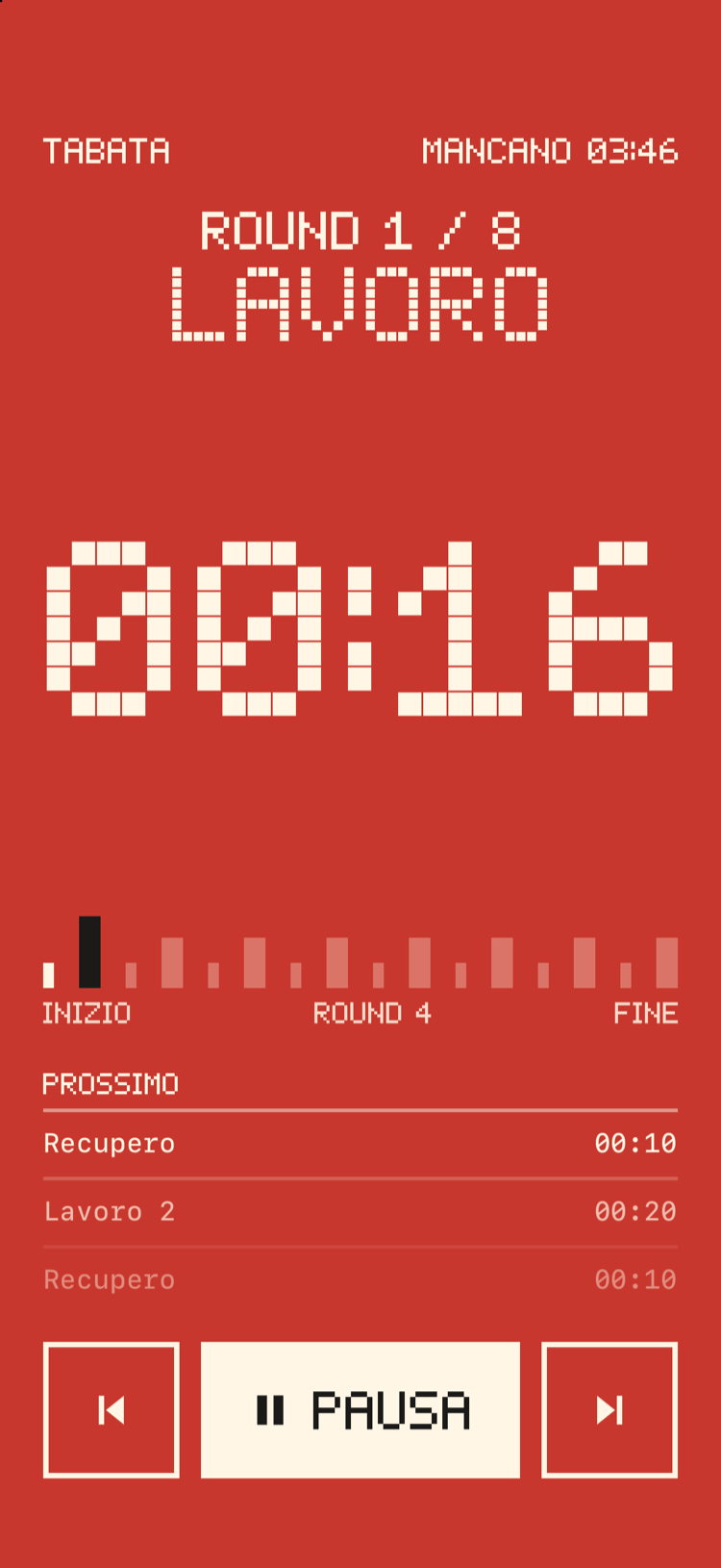 Una schermata di allenamento di Bitrounds in rosso durante il lavoro, con un enorme conto alla rovescia in pixel.