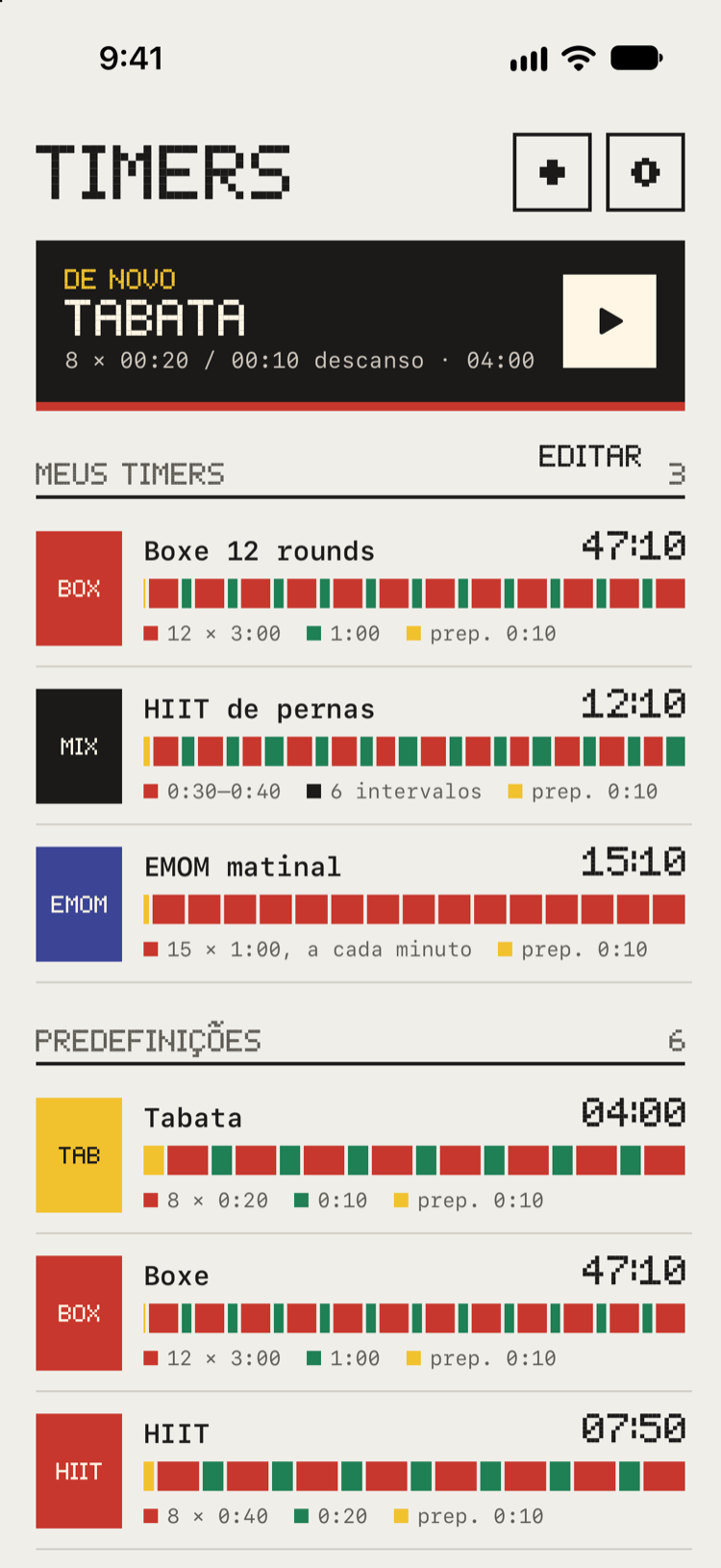 A biblioteca de timers do Bitrounds: um cartão De novo e seus timers, cada um com sua cor e a faixa das suas rodadas.