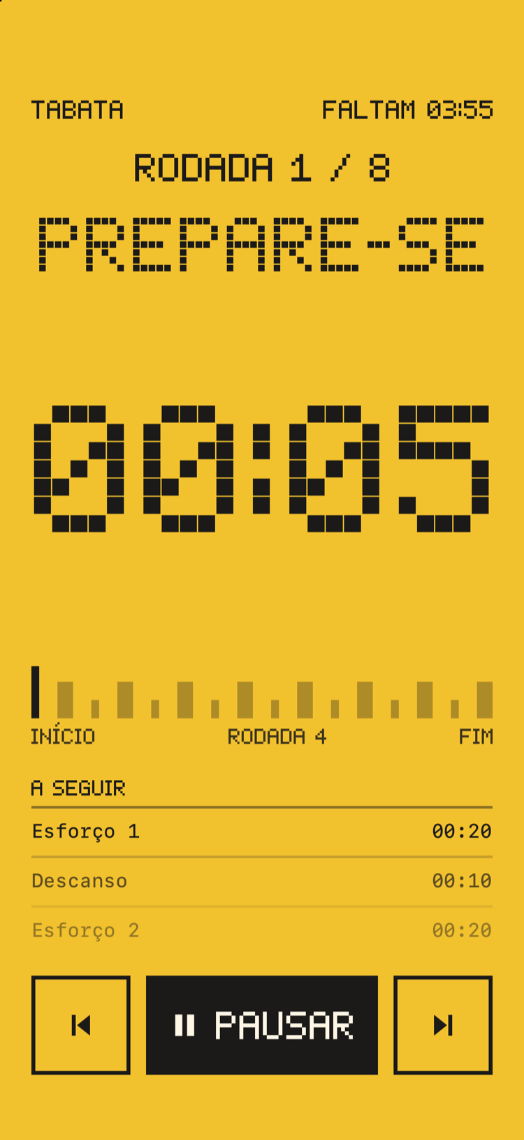 A tela de treino em amarelo, com a contagem regressiva antes da primeira rodada.
