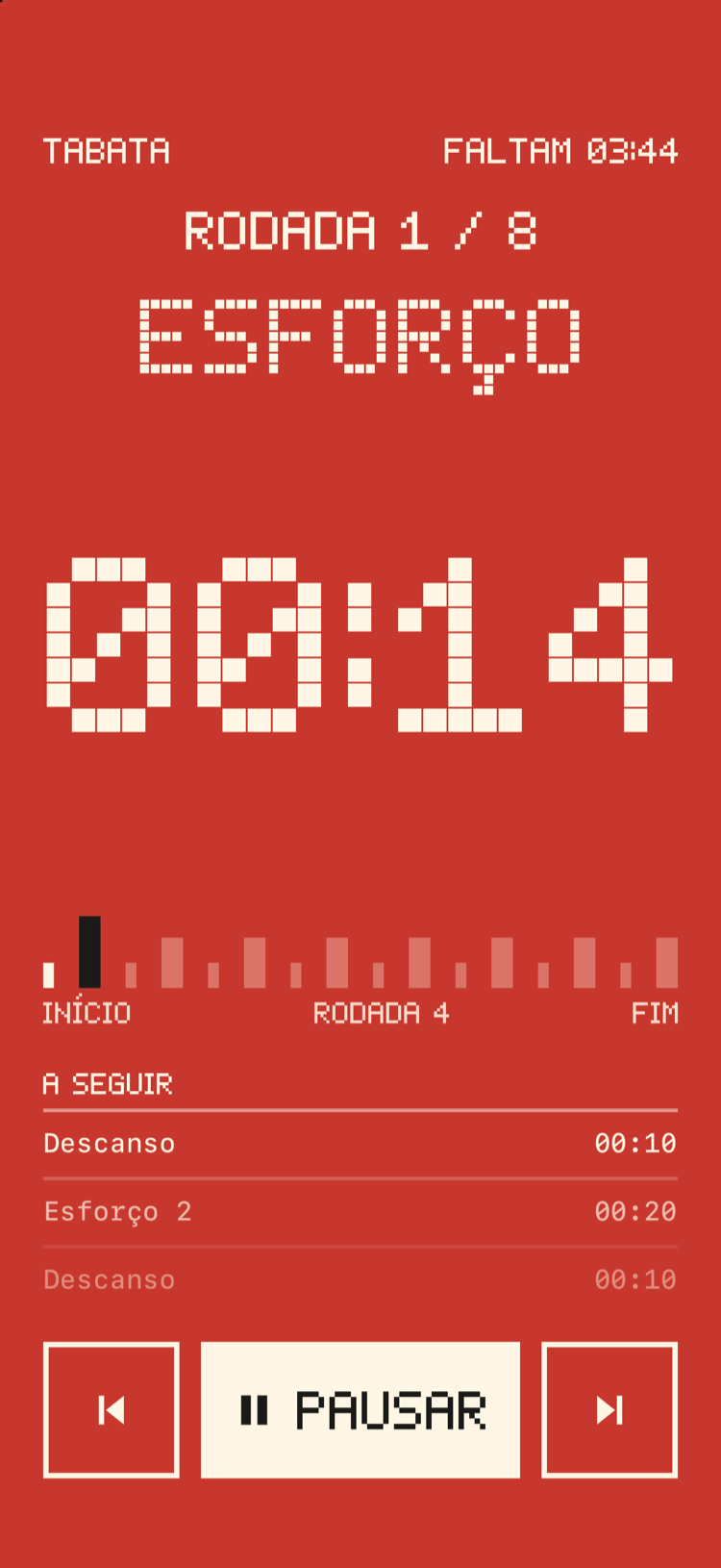Uma tela de treino do Bitrounds em vermelho durante o esforço, com uma enorme contagem regressiva em pixels.
